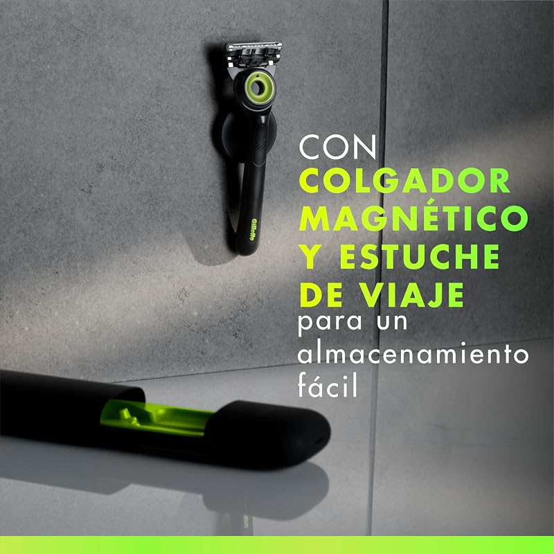Navalha GilletteLabs Neon Night Edition, 1 pega com barra esfoliante integrada, 2 lâminas de substituição com banda lubrificante, 1 estojo de viagem, 1 gancho de parede