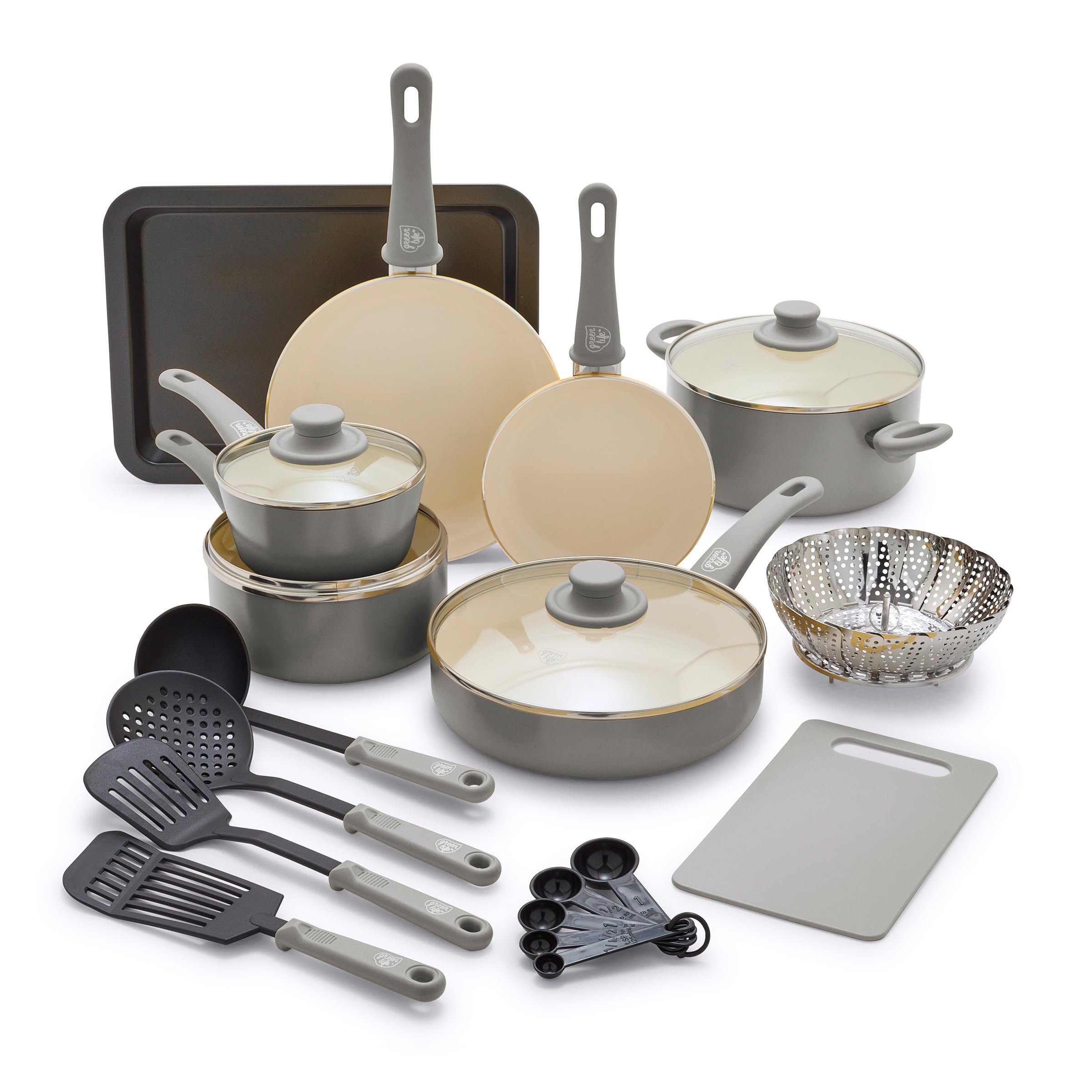 GreenLife Soft Grip Healthy Ceramic Nonstick 18 Piece Kitchen Cookware Pots and Frying Sauce Saute Pans Set, PFAS-Free with Kitchen Utensils and Lid, Dishwasher Safe, Gray