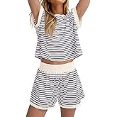 MISSACTIVER 2 Piece Lounge Set Women Stripe Knit Short Sleeve Tee Shirts Shorts Casual Summer Loungewear Shorts Sets