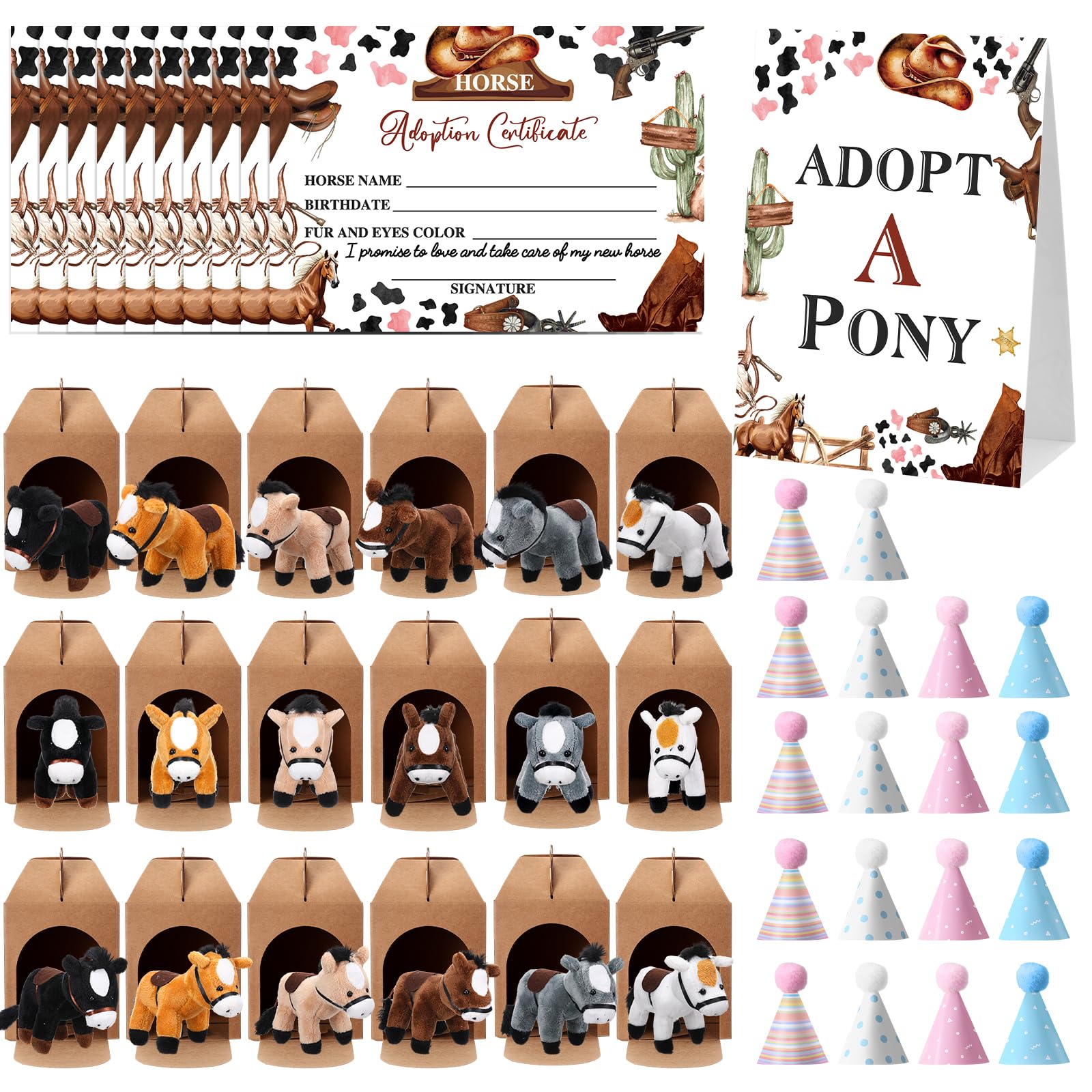 Photo 1 of Cinnvoice 73 Pcs Adopt a Horse Party Supplies, 18 Stuffed Horse Centerpiece 18 Foldable Boxes 18 Cute Birthday Hats 18 Adoption Certificates Card 1 Adoption Sign for Adopt a Pony Party Decoration