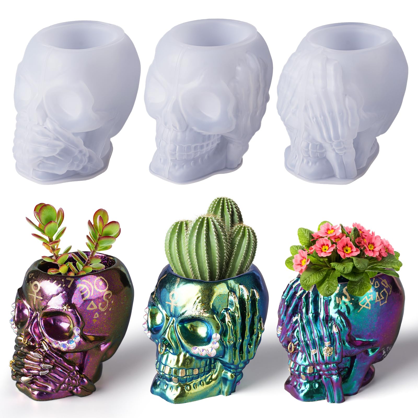 LET'S RESIN Skull Resin Molds, Hear-no, Speak-no, See-no 3 Pcs Skull Silicone Molds for Resin Crafts, Cute Epoxy Resin Molds Silicone for Resin Casting, DIY Craft, Home Decor, ELR00241, White