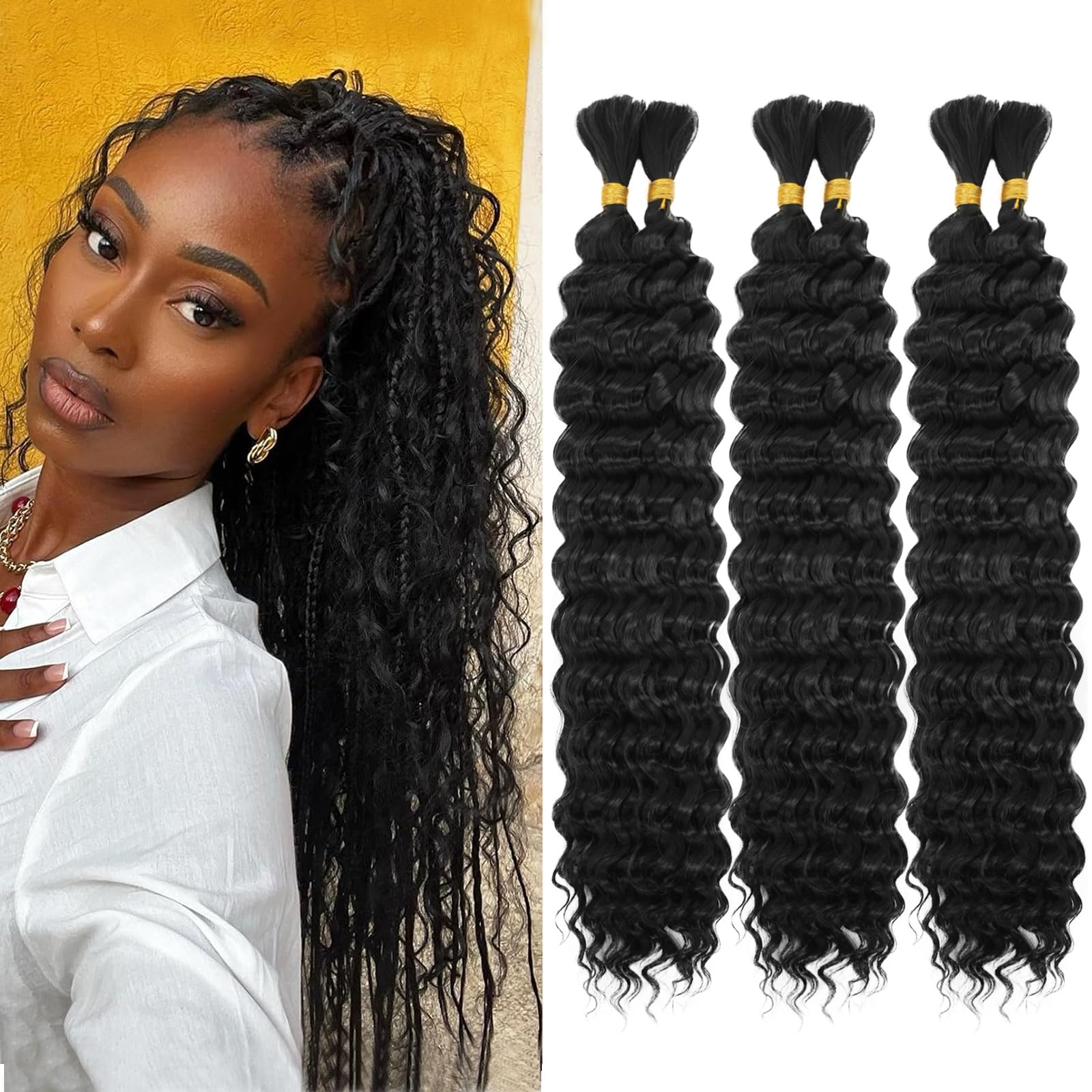 LPARMJIT Deep Wave Bulk hair for Braiding 18 inch 2 Bundles/Pack No Weft for Braiding Wavy Synthetic Braiding Hair Extensions for Boho Braids (1B, 24inch(3pack)) — image 1
