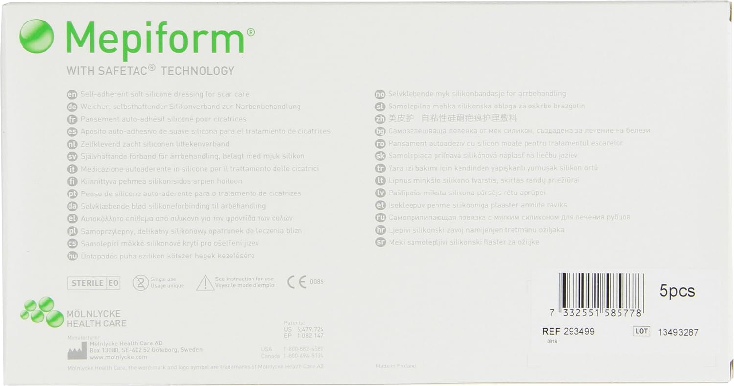 Mepiform with Safetac Technology 4"x7", 5 Count, Self Adherent Soft Silicone Sheeting for Scar Reduction: Health & Personal Care