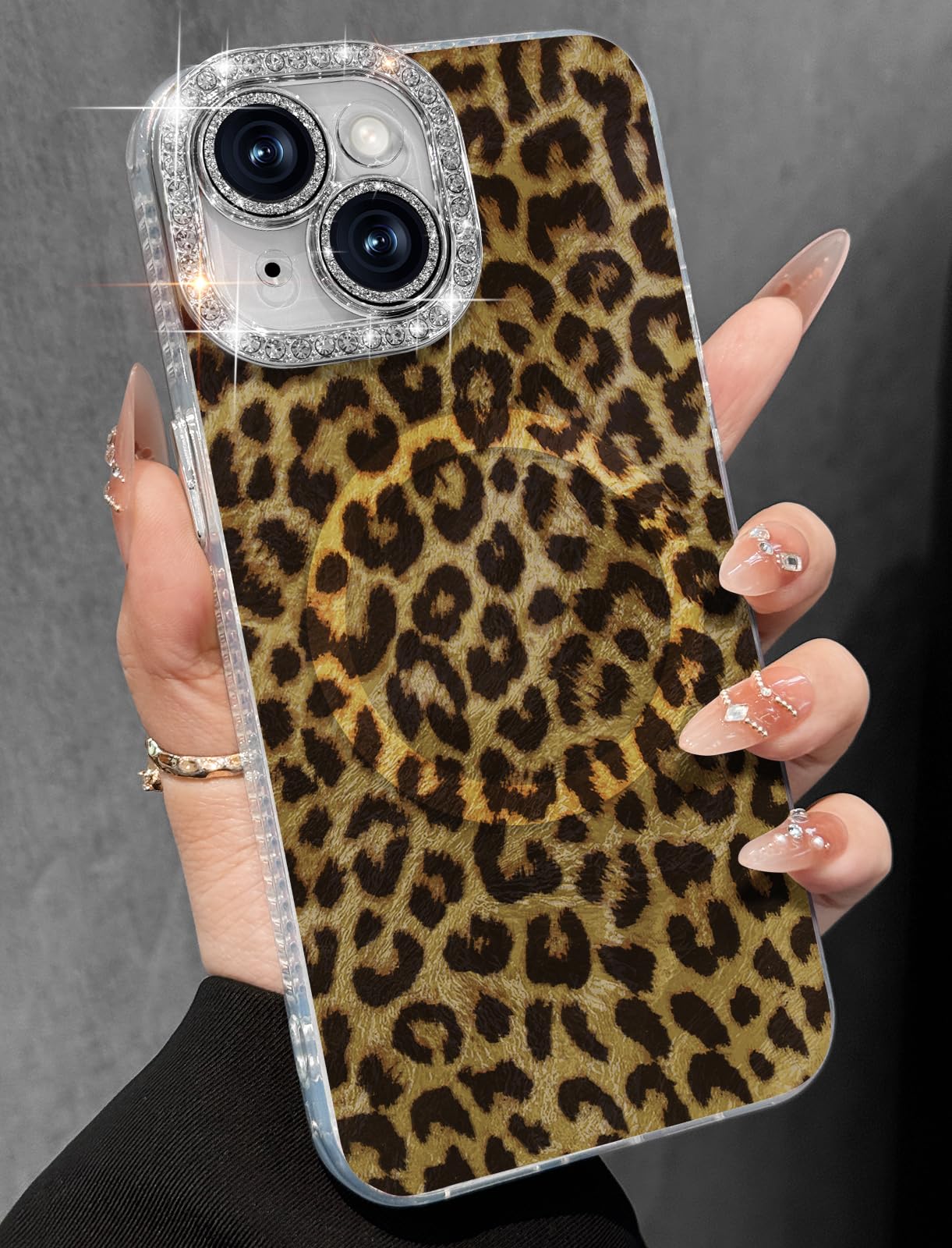 Photo 1 of Toycamp for iPhone 15 Plus Case - Compatible with Magsafe Aesthetic Cute Holographic i 15 Plus Case with Diamond Bling Lens Protector for Apple 15+ Cover for Women Girls, Brown Leopard