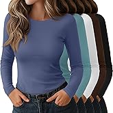 Oakgarden 5 Pack Women's Long Sleeve Shirts Crew Neck Raglan Basic Tops Slim Fitted Undershirts Stretchy Layering Baselayer