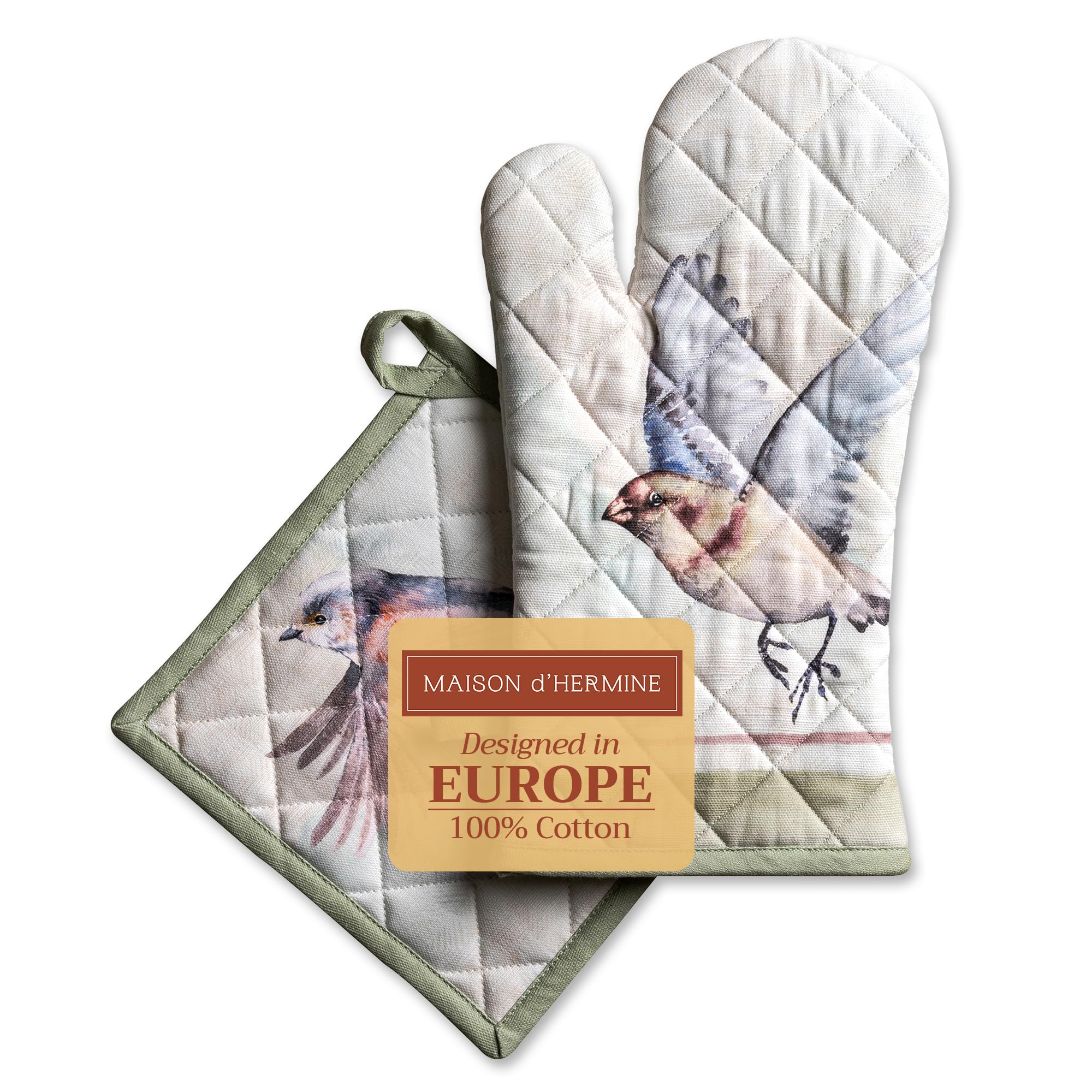 Maison d' Hermine Flying Birds 100% Cotton Oven Mitt (19 cm x 33 cm) and Pot Holder (20 cm x 20 cm) for Barbecue, Baking, Baking, Grilling, Microwave, Spring/Summer, Mother's Day