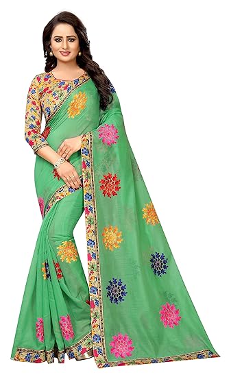 Titos Factory Womens Ari Embroidery Work and Chanderi Cotton Saree With Blouse Piece