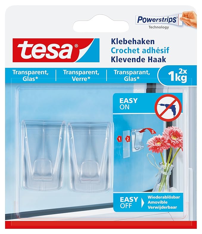 tesa® Klebehaken, transparent für z.B. Glas, 1 kg Halteleistung