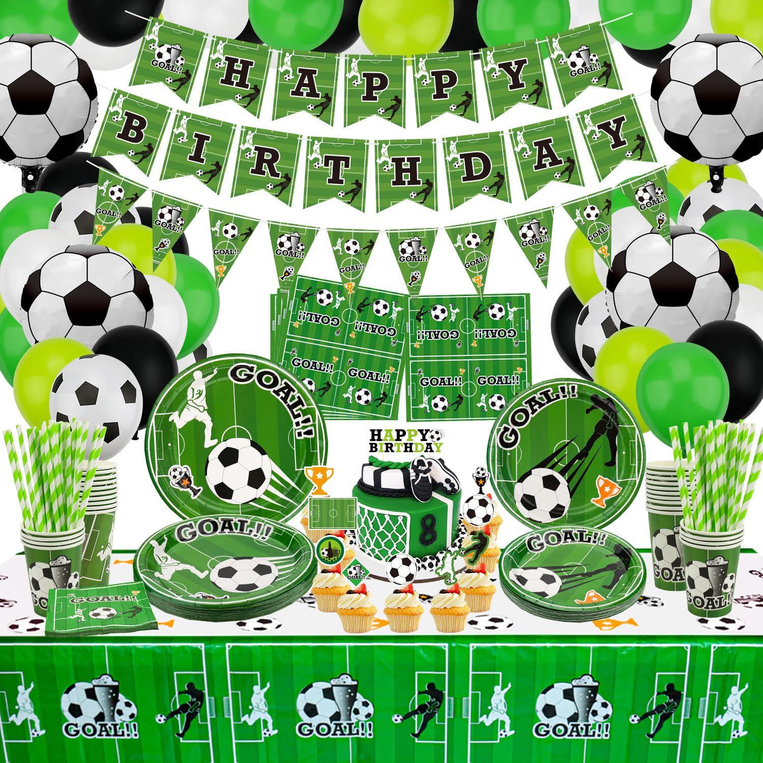 Football Party Supplies - Includes Football Balloon, Happy Birthday Banner, Cake Topper, Plates, Napkins, Cup, Tablecloth and Paper Straws for Boys Sports Theme Birthday Decorations, Serves 20 Guest