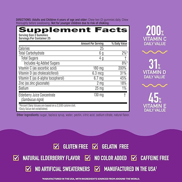 AIRBORNE ELDERBERRY + ZINC & VITAMIN C GUMMIES FOR ADULTS, IMMUNE SUPPORT VITAMIN D & ZINC GUMMIES WITH POWERFUL ANTIOXIDANT VITAMINS C D & E – 50 GUMMIES, ELDERBERRY FLAVOR