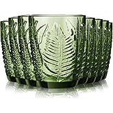 Reallnaive Green Drinking Glasses Set of 8, Boho Aesthetic Vintage Glassware Fern Carving Textured Tumbler Water Cups Embossed Pattern Drinkware Cocktail Glasses Set for Xmas Gifts(10 oz,Lowball)