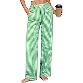 SWOMOG Women 100% Cotton Pajama Pants Striped Plaid Pj Trousers Drawstring Gingham Bottoms Casual Wide Leg Pant with Pocket
