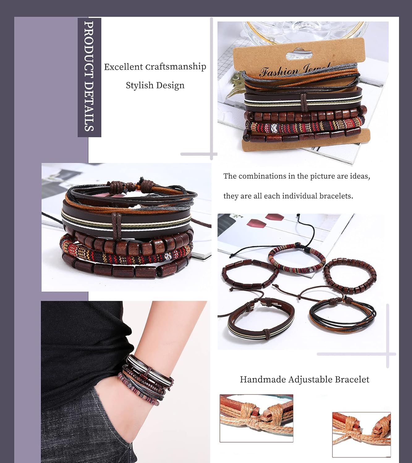 JEWPARK 36PCS Woven Leather Bracelet Set for Men Women Cool Braided Leather Wrist Cuff Bracelets Adjustable Handmade Wooden Beaded Bracelets Ethnic Tribal Linen String Bracelets: Jewelry