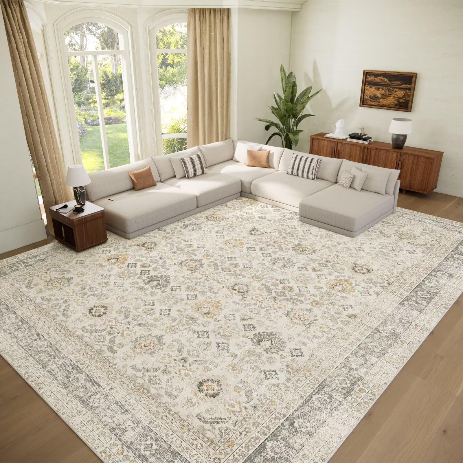 Photo 1 of Washable 9x12 Area Rugs for Living Room, Boho Non-Slip Vintage Distress Lager Rugs for Bedroom Dining Room Nursery Office, 0.3" Neutral Oriental Throw Thin Carpet, Grey/Beige/Orange/Multi