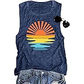 Beach Tank Tops for Women Sunset Shirt Summer Beach Graphic Sleeveless T Shirt Summer Vacation Shirt Cami