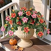 Hrobek Artificial Fake Flowers for Outdoors Decoration, 2PCS Faux Hibiscus Flowers for Outside Planters，Realistic Silk Plants with UV Resistant No Fade for Home Porch Garden Balcony Yard Decor