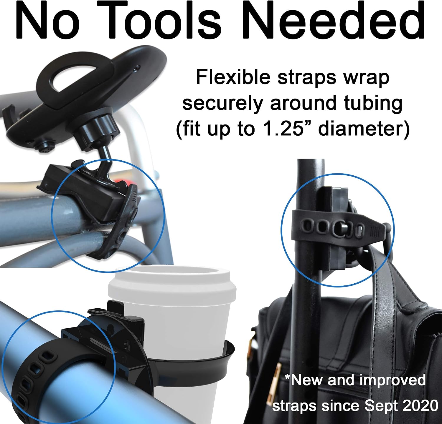 Mobility Combo Pack - Cup Holder, Phone Holder and Hooks for Walkers Wheelchairs and Strollers, Black - Image 4