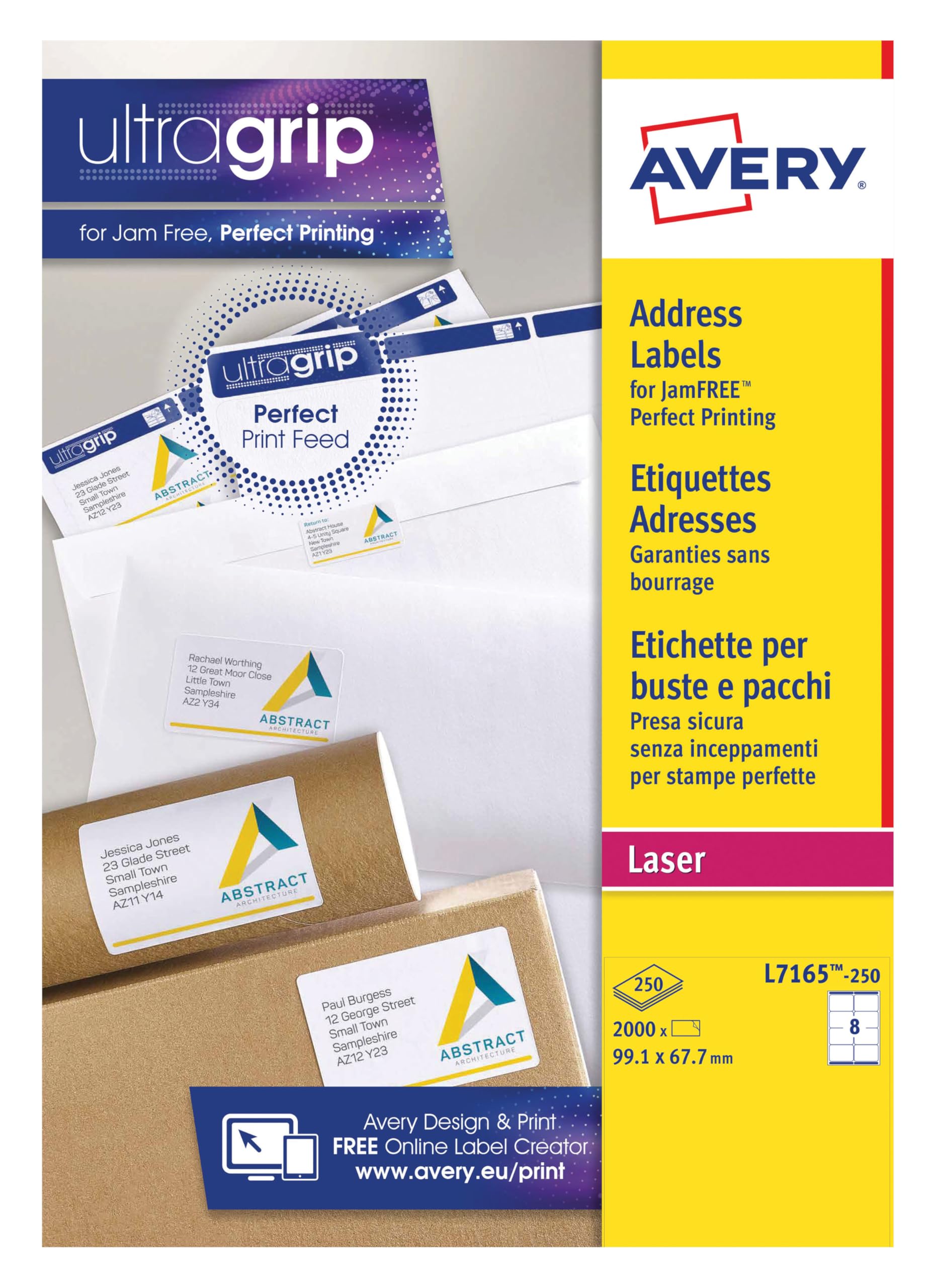 Avery L7165 Printable, Customisable Address Mailing Labels, Laser Printers, 8 Labels Per A4 Sheet, 2000 Labels, UltraGrip, White, 250 Sheets