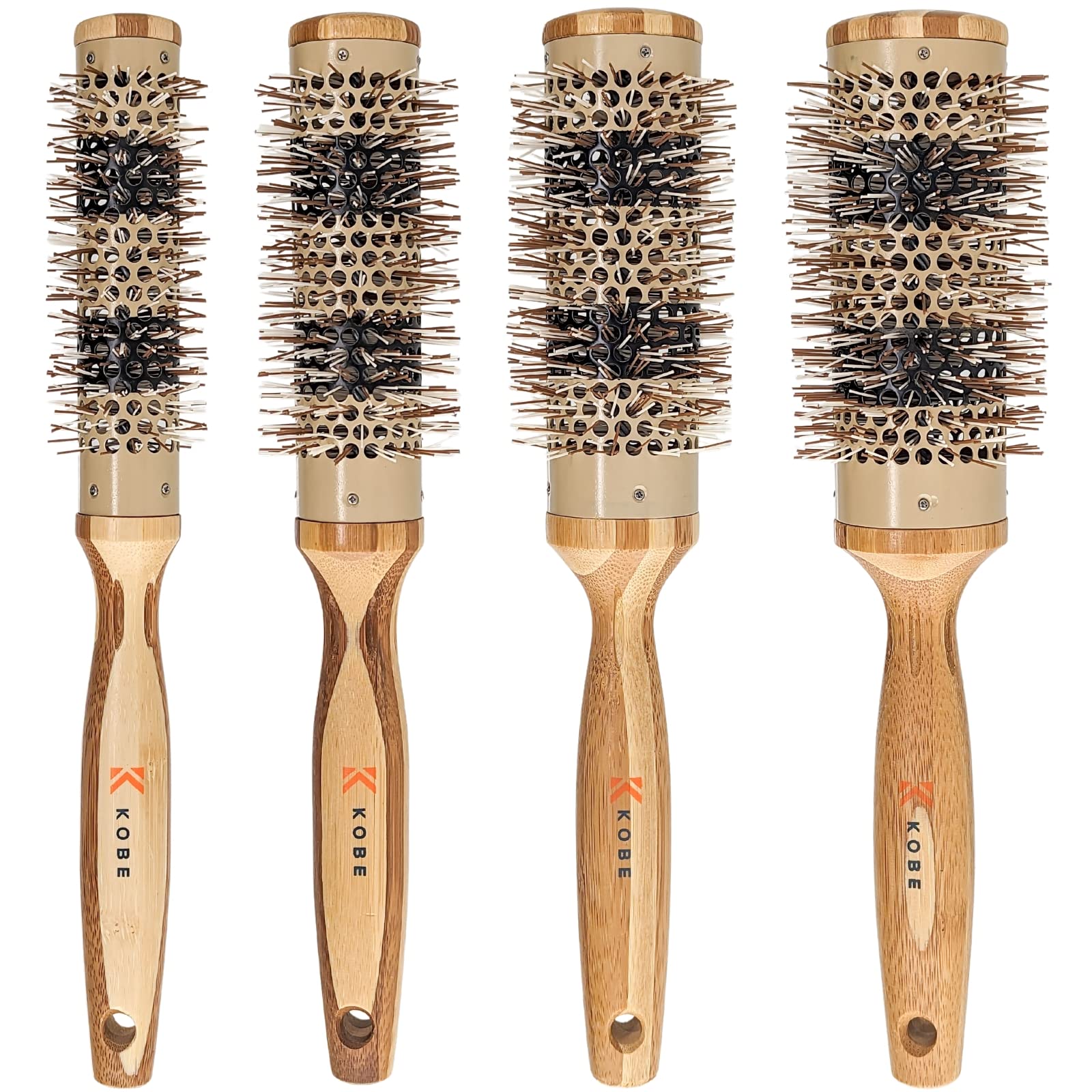 Kobe Pinto Professional Bamboo Thermal Round Brush - Styling Brush for Blow Drying, Curling - Eco Friendly Bamboo Handle - Heat-Retaining Ceramic Barrel (Set of 4)