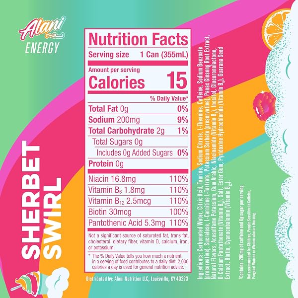 ALANI NU ENERGY DRINK, SHERBET SWIRL, 12 FL OZ, ZERO SUGAR, GLUTEN FREE, VEGAN, B VITAMINS