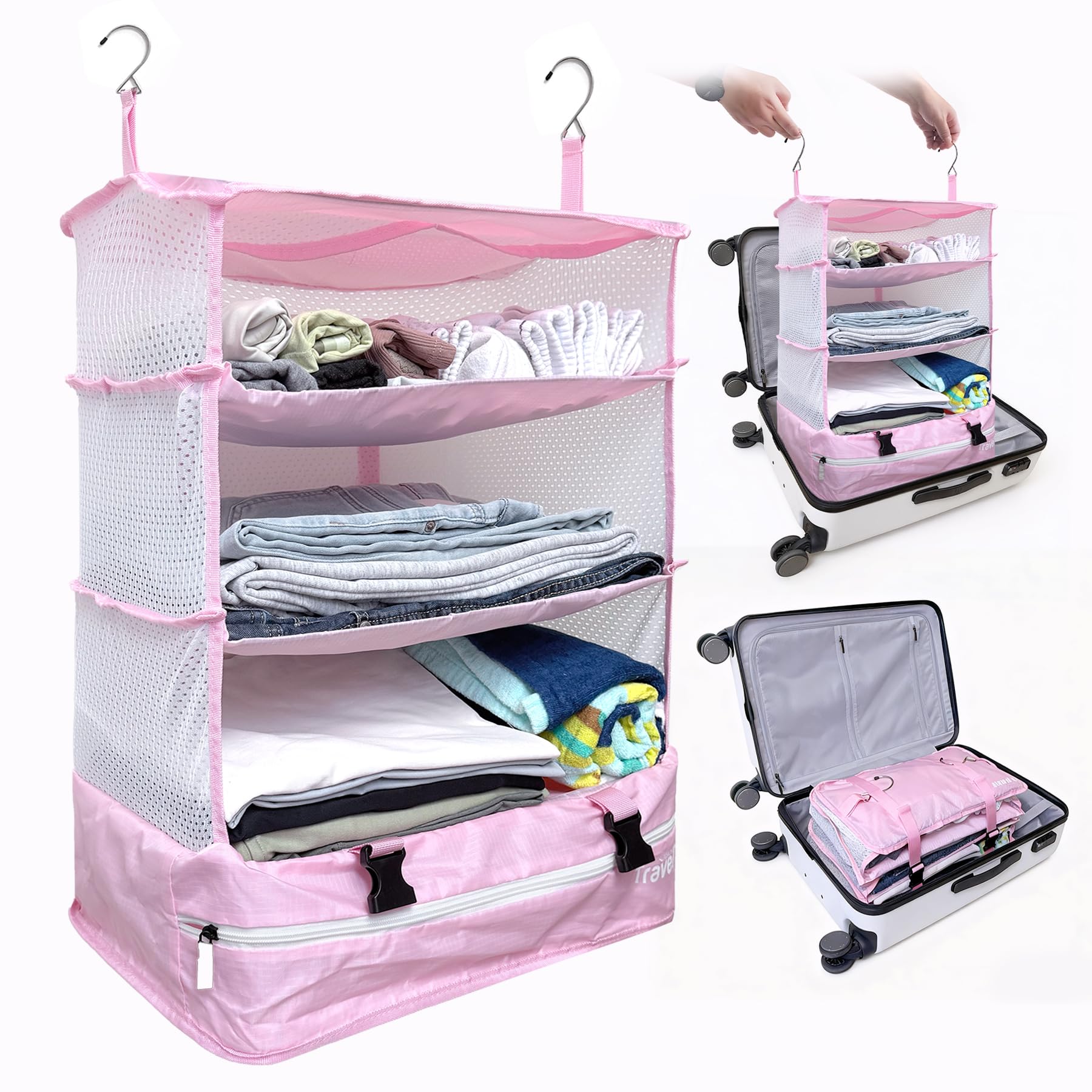 Grand Fusion Housewares Portable Luggage System Suitcase Organizer (Packable Hanging Travel Shelves & Packing Cube Organizer) Large Pink