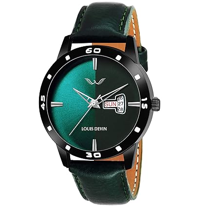 Louis Devin BK030-GRN Green Leather Strap Wrist Watch for Men