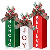Wonderjune 3 Pcs Christmas Table Centerpieces Rustic Wood Presents Xmas Wooden Faux Blocks, Joy Believe Hohoho Tiered Tray Decor with Buffalo Plaid Bowknot for Holiday Party Decoration