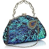Peacock Evening Bags Clutch Purse for Women Bead Sequins Vintage Purses Crossbody Handbags with Detachable Chains