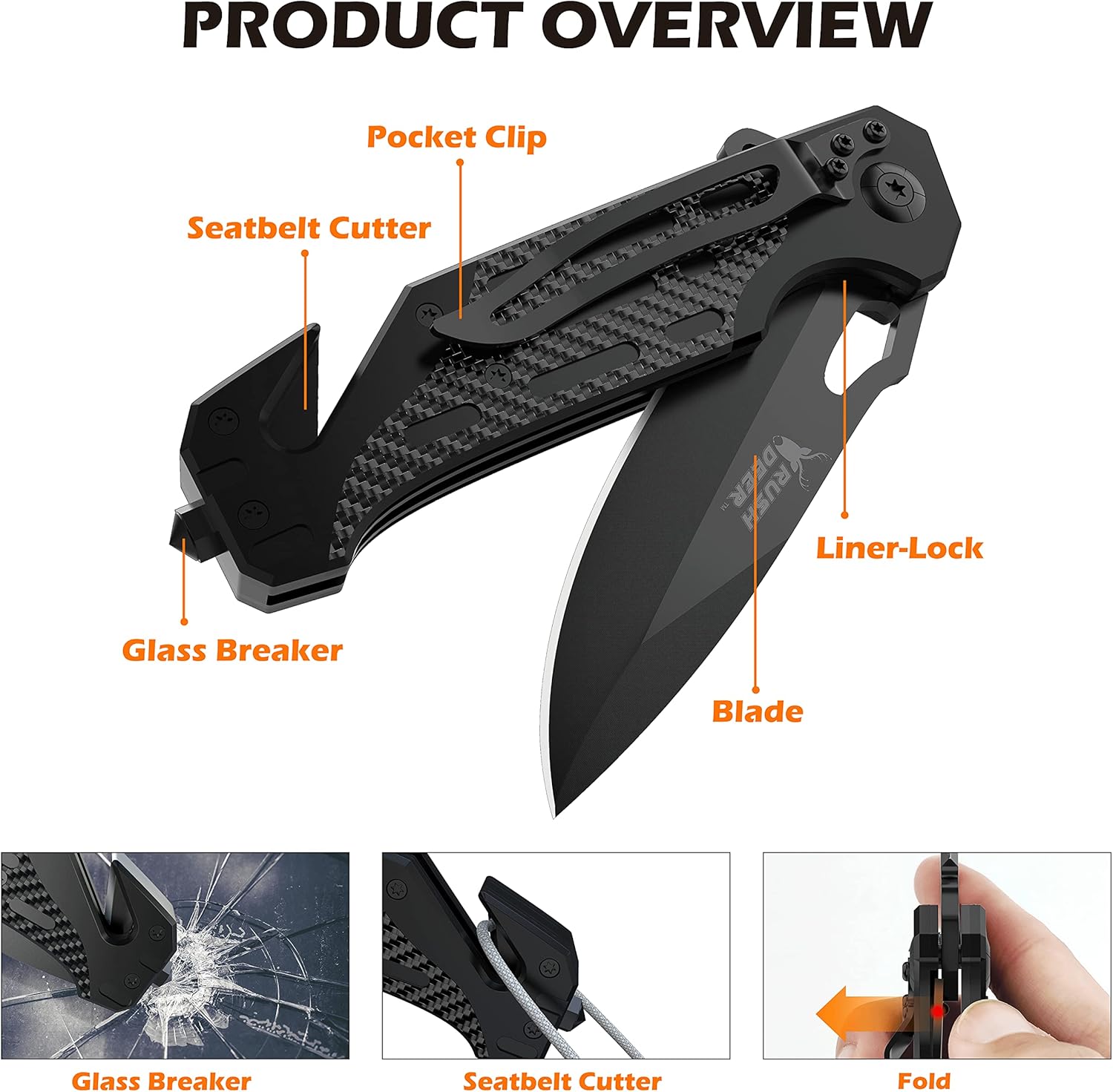 Rush Deer Folding Knife, Pocket Knife EDC Knife with Liner Lock,Pocketclip,Glass Breaker,Seatbelt Cutter. Perfect for Hiking, Camping, Fishing, Indoor & Outdoor Activities. Unique Gifts for Men Women: Sports & Outdoors