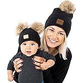 Funky Junque Mommy & Me Double Pom Beanies – Mama & Mini Matching Winter Outfits, Mom & Infant Baby Girl Beanie Hat Set