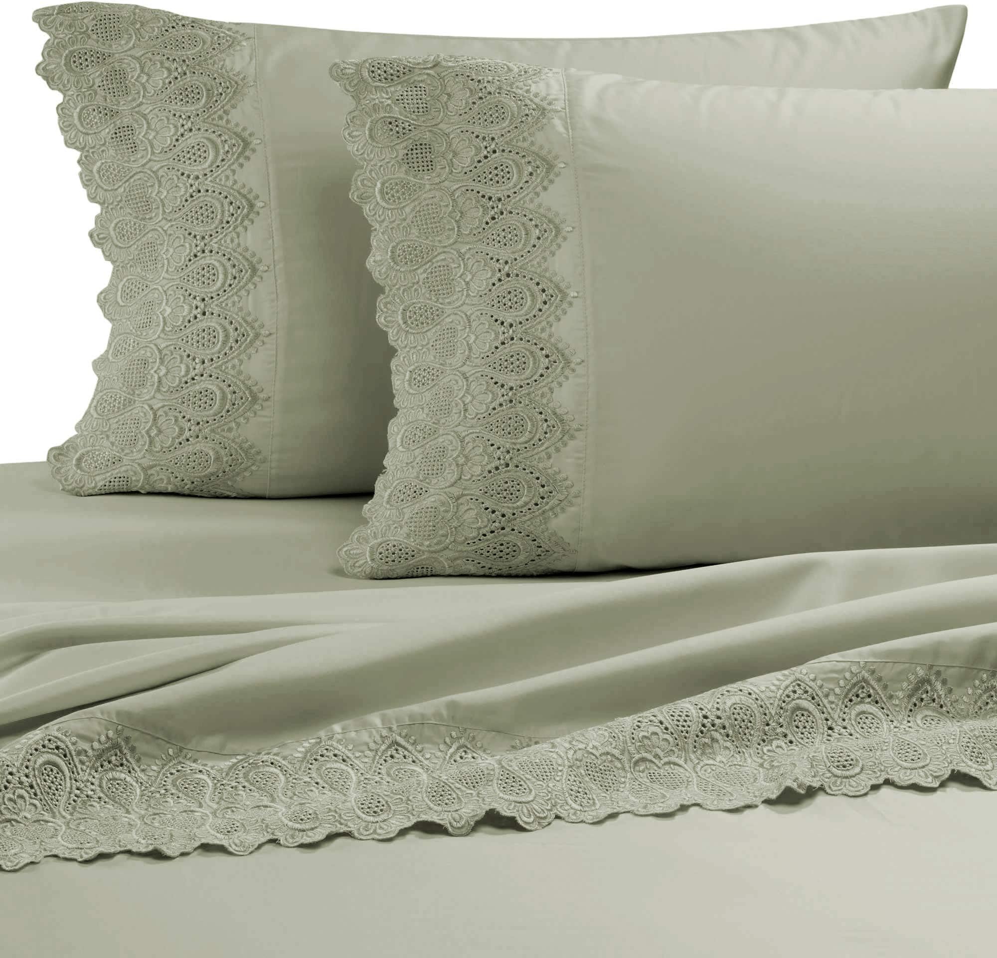 RENAURAA 600 Thread Count Cotton Rich, 4 Piece Sheet Set, 16" Deep Pocket, Lace Hem, Soft & Smooth Sateen Weave, Hotel Quality (Sage, California King)