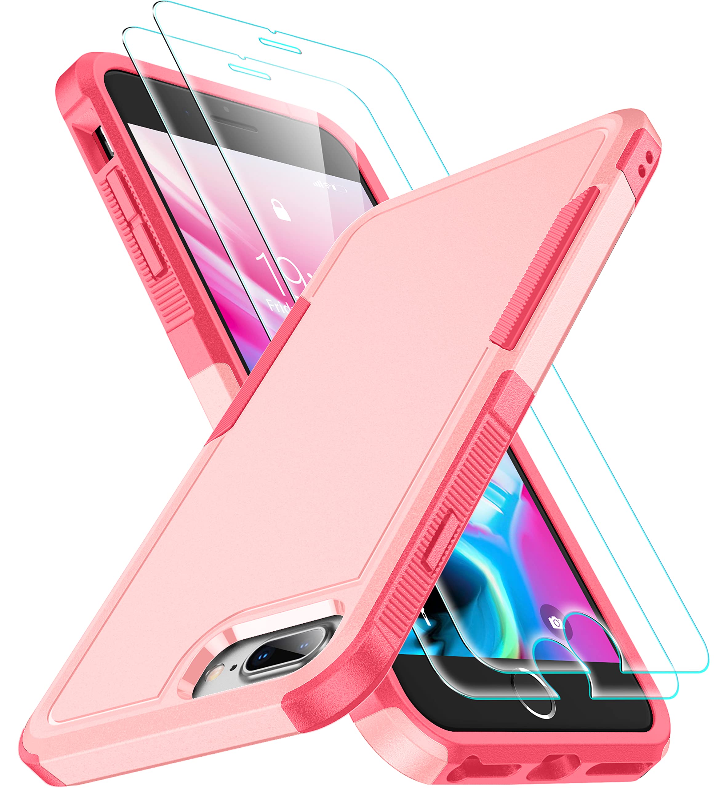 SPIDERCASE for iPhone 7/8 Plus Case, [10 FT Military Grade Drop Protection] [Non-Slip] [2 pcs Tempered Glass Screen Protector] Shockproof Airbag Cushion Case for iPhone 7/8 Plus 5.5” (Pink)