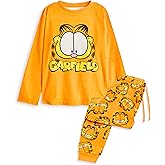 Garfield Womens Pyjama Set | Velour Fleece Adults Lazy Cat Graphic Long PJ in Orange Ladies Cartoon Cat Character