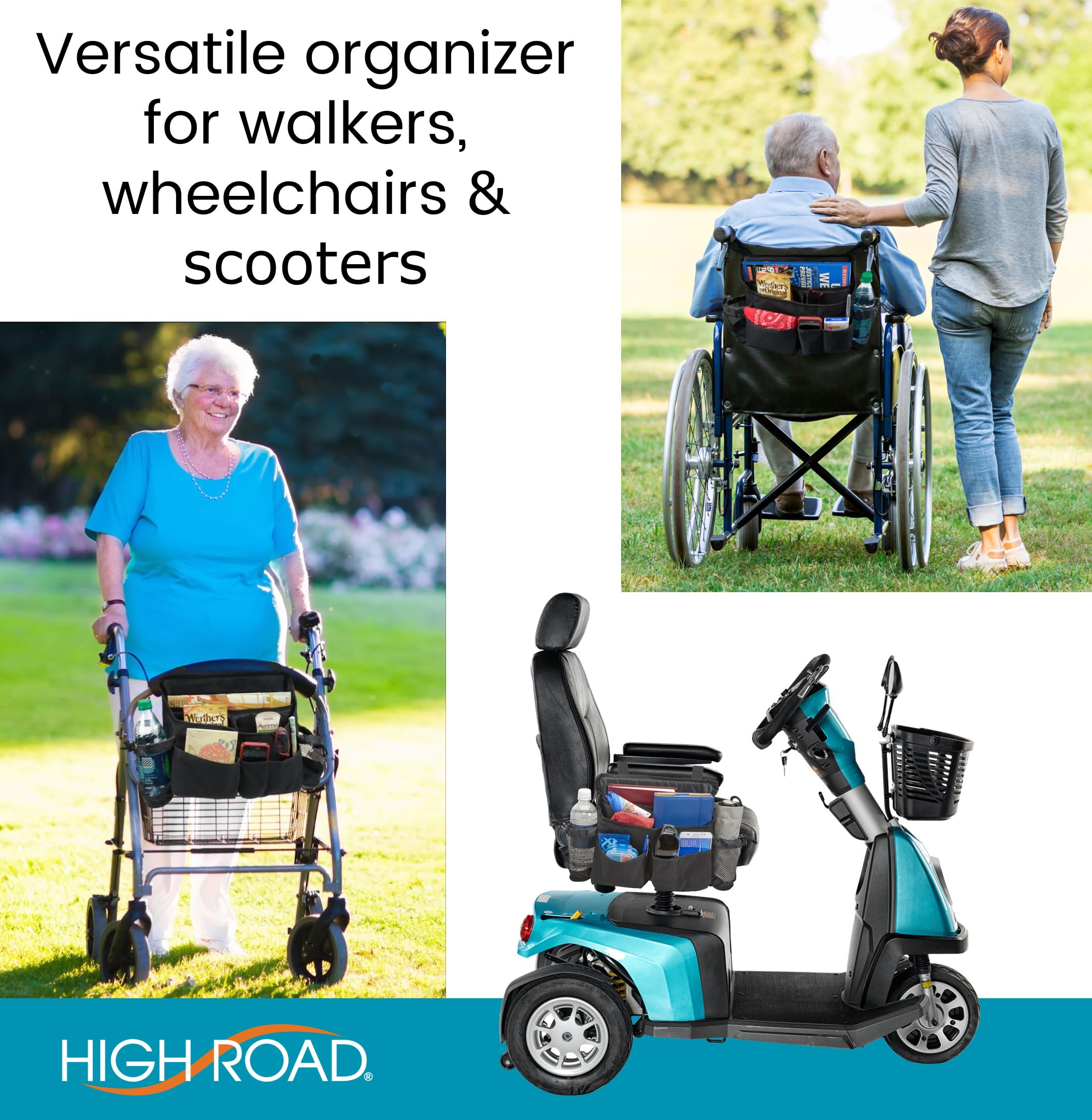 High Road Mobility Scooter Bag, Walker Caddy and Wheelchair Storage Bag - 8-Pocket Mobility Organizer with Bottle and Cup Holder for Wheelchairs, Walkers and Scooters