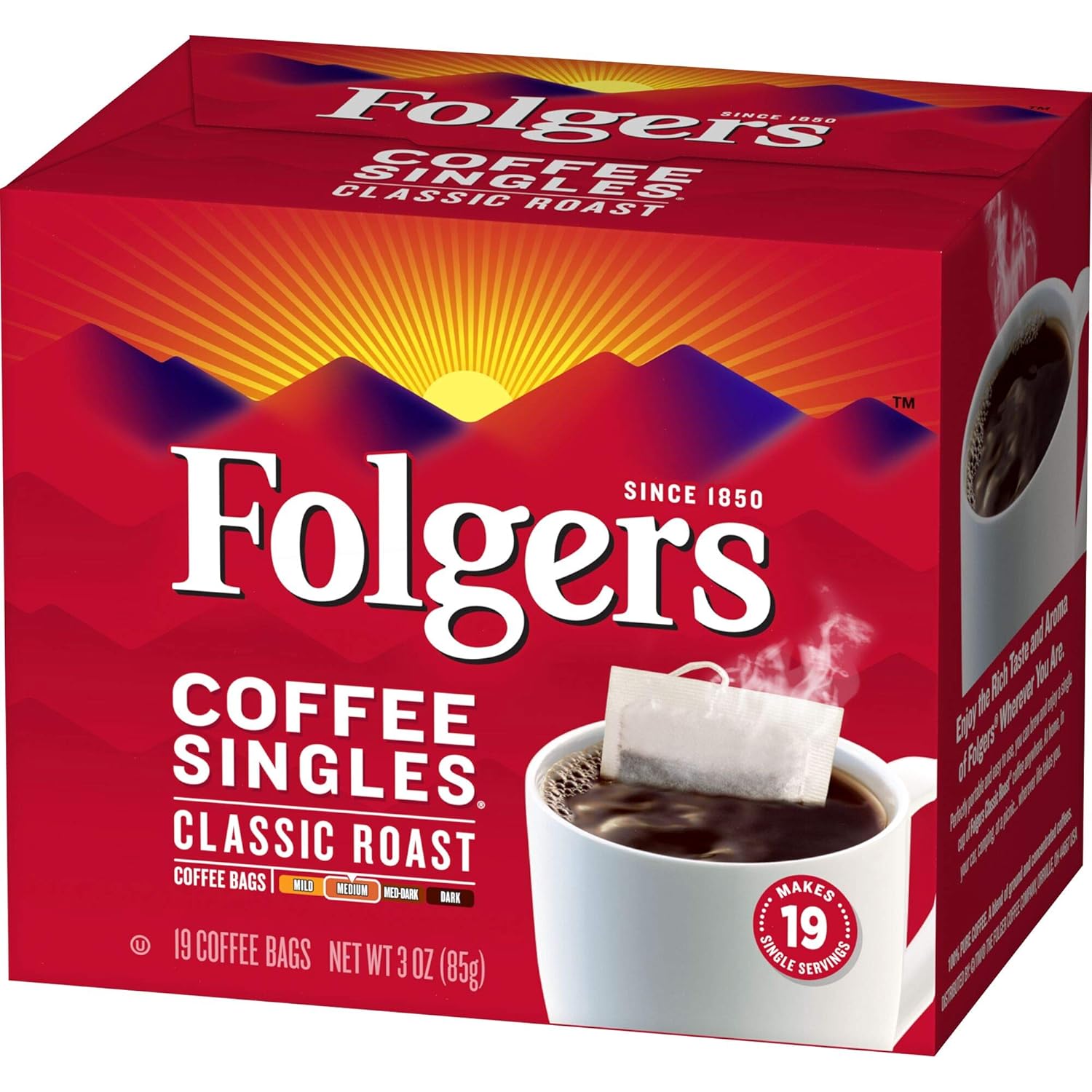 Folgers Coffee Singles Classic Roast Medium Roast Coffee, 19 Single Serve Coffee Bags : Grocery & Gourmet Food