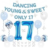 Holkcog 17th Birthday Decorations For Girl, Blue 17 Year Old Party Decor, Blue 17 Dancing Party Backdrop Banner, 17th Birthday Balloons、 Butterfly Hang Banner, Girl 17 Supplies