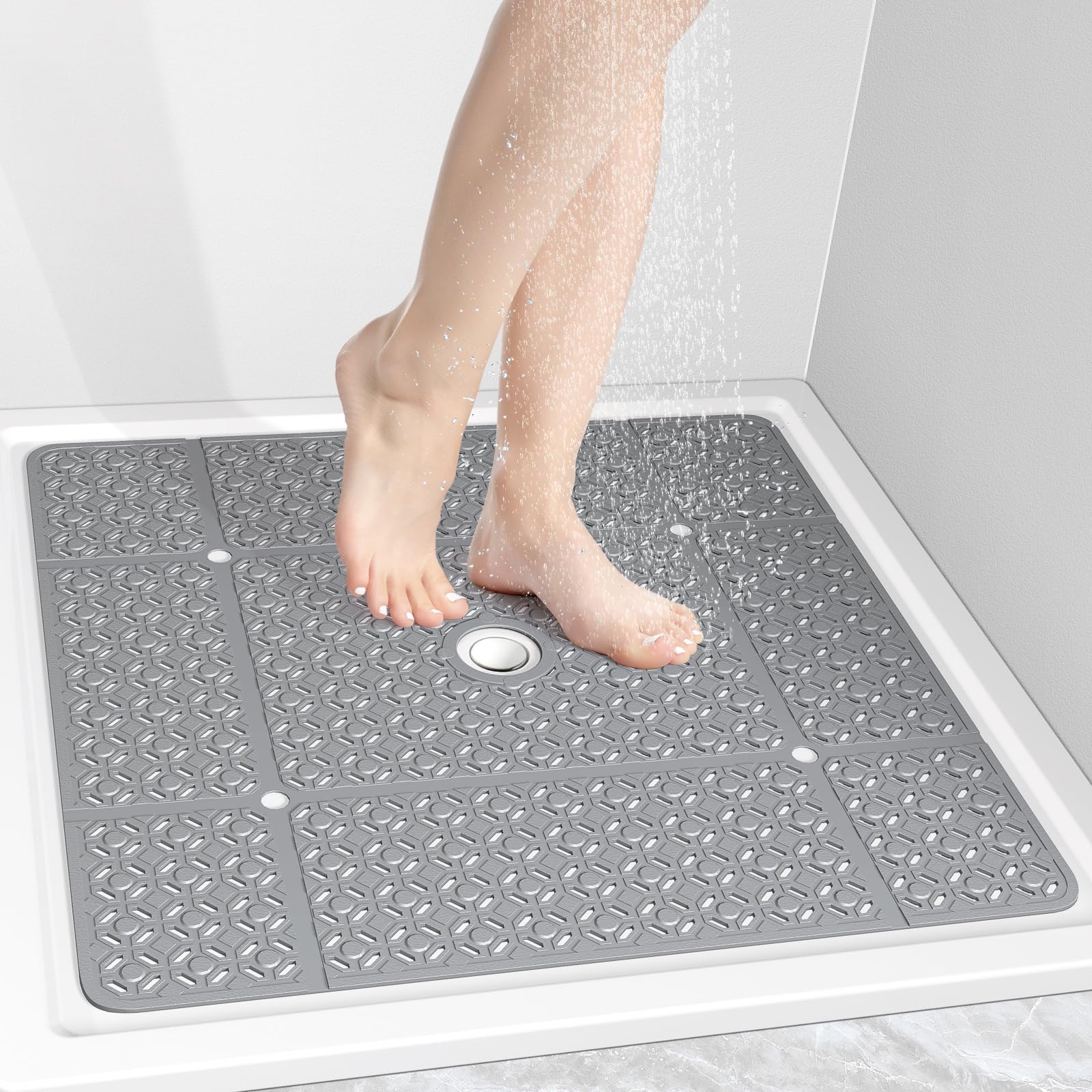 Photo 1 of OTHWAY Square Shower Mat, 27"x 27" Extra Large Shower Mats for Inside Shower, TPE Anti Slip Shower Mat with Suction Cups Drain Holes, Machine Washable Shower Floor Mat (Grey)