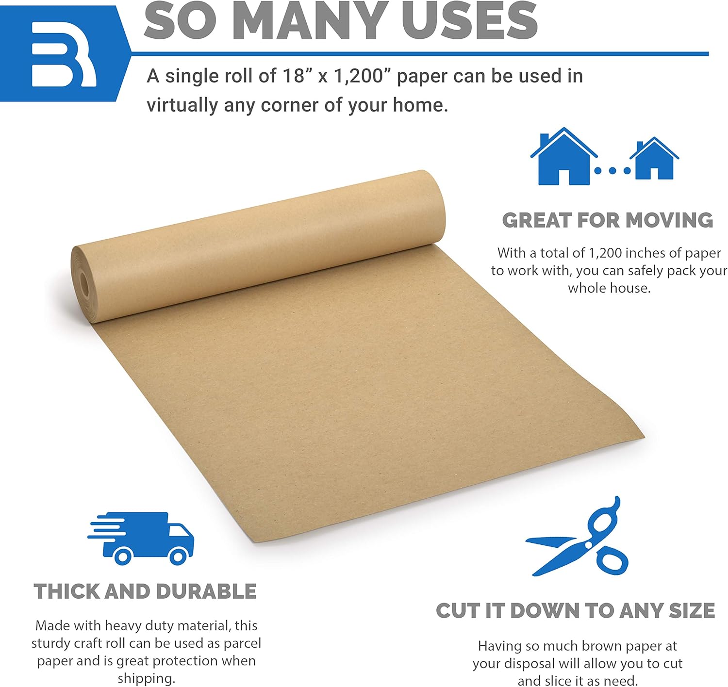 Brown Kraft Paper Roll - 18" x 1, 200" (100') Made in The USA - Ideal for Packing, Moving, Gift Wrapping, Postal, Shipping, Parcel, Wall Art, Crafts, Bulletin Boards, Floor Covering, Table Runner