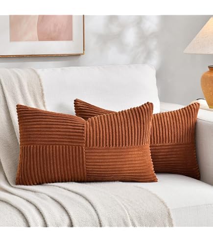 Fancy Homi Federa decorativa per cuscino lombare, marrone scuro, 30 x 50 cm, per soggiorno, divano, letto, rustico, stile bohémien, decorazione per la casa, in morbido velluto a coste a righe