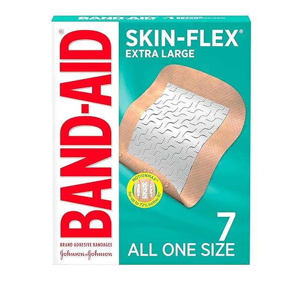 BAND-AID BRAND SKIN-FLEX ADHESIVE BANDAGES FOR FIRST AID AND WOUND CARE OF MINOR CUTS AND SCRAPES & BURNS, FLEXIBLE STERILE BANDAGES FOR FINGERS & KNEES, EXTRA LARGE, ALL ONE SIZE, 7 CT