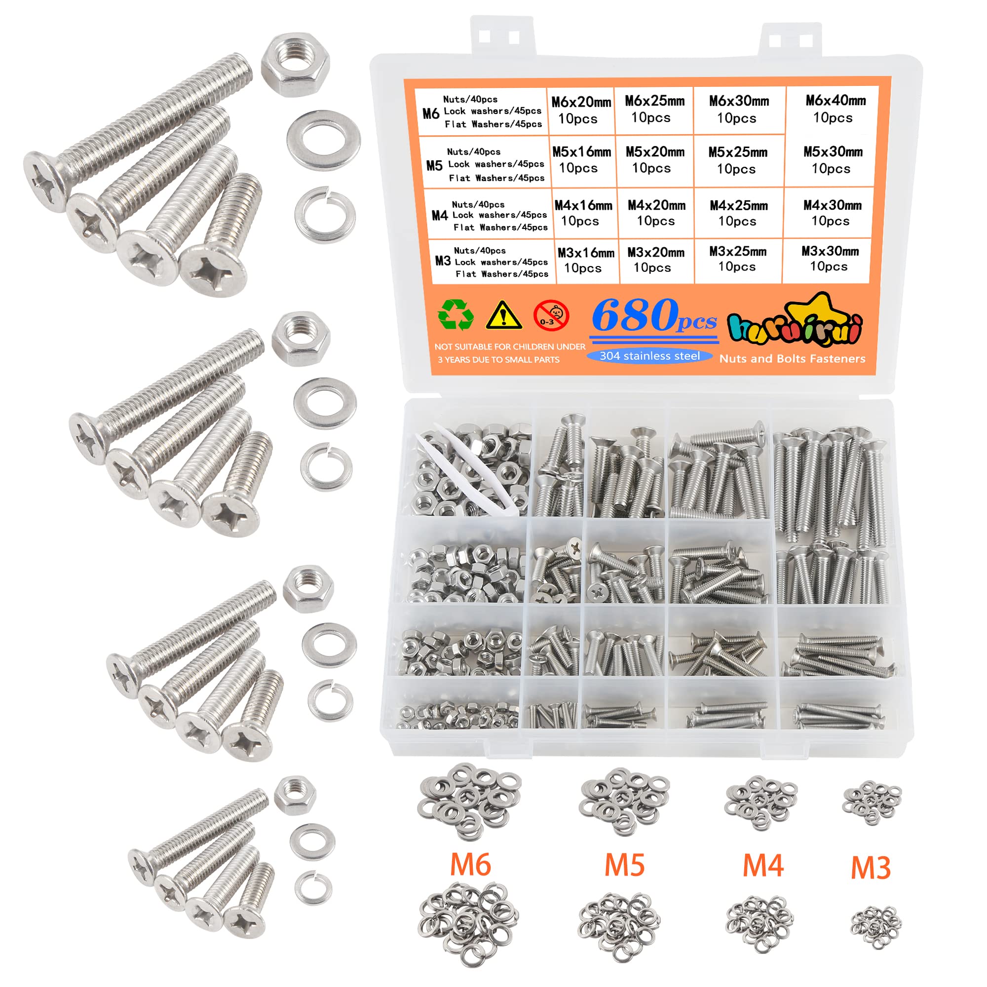 huruirui 680pcs M3 M4 M5 M6 Nuts and Bolts Washers Cross Flat Head Screws 304 Stainless Steel Hex Socket Countersunk Bolts Set Machine Screws Fastener Repair Tools Assortment Kit — image 1
