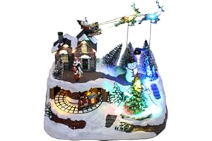 PIONEER-EFFORT Musical Christmas Village Figurines with Spinning Train, Lighted Xmas Collectibles Statues with Santa Sleigh, Battery Christmas Home Gifts Festive Holiday Decor 9.3''×6.3''×8''