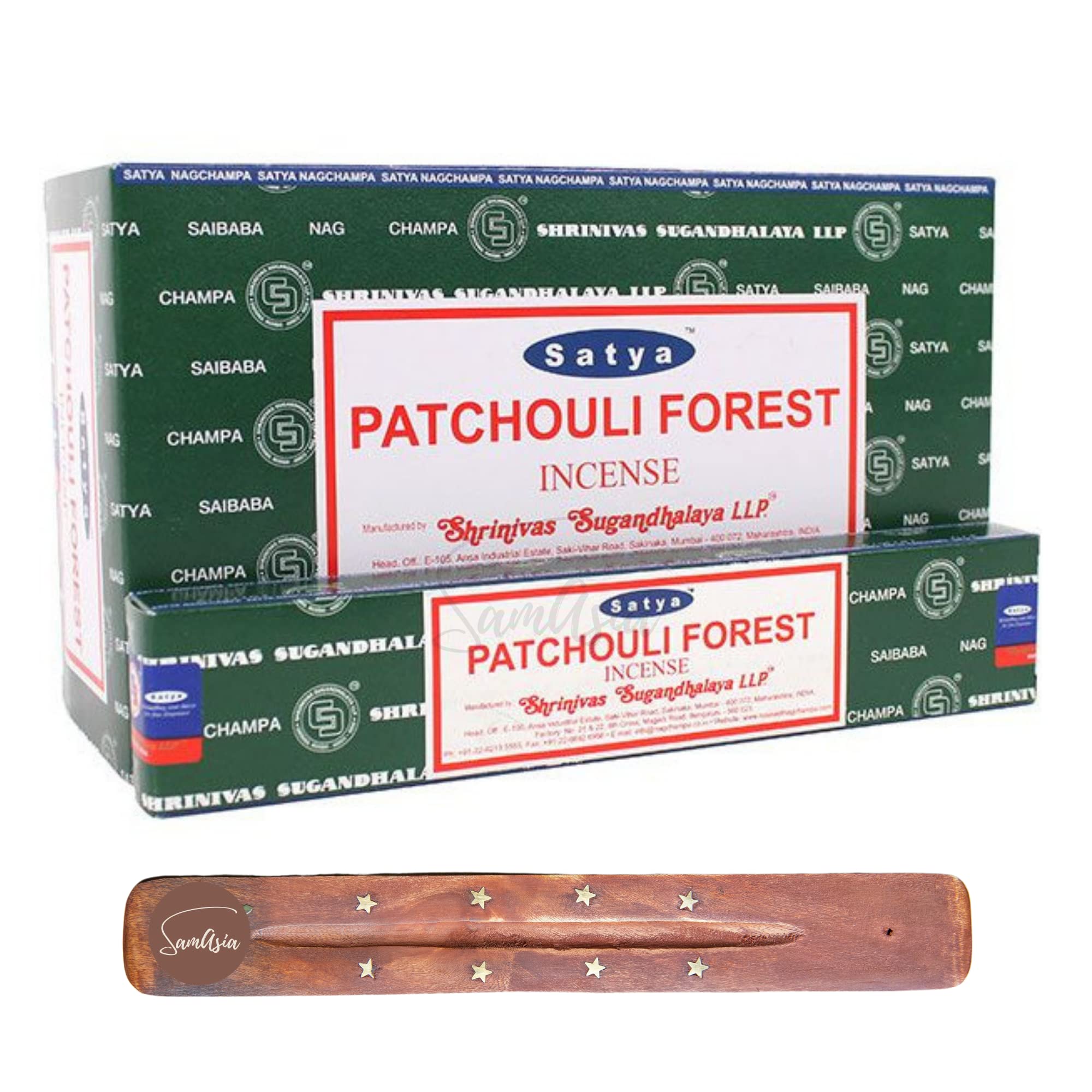 Satya Nag Champa Patchouli Forest Incense Sticks | x12 pack | with SAMASIA incense sticks holder | Used for Paomatherapy, Spa, Yoga, Weddings, Meditation, Healing, Positivity and Relaxation โ image 1
