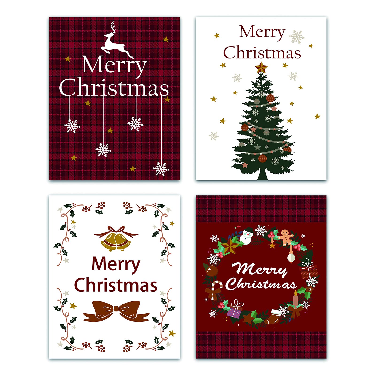 CREATCABIN 4pcs Unframed Canvas Prints Christmas Themed Deer Snowflake Elk Bell Tree Vintage Poster Home Decor Modern Artwork for Livingroom Bedroom Bathroom Home Office Kitchen 8 x 10inch