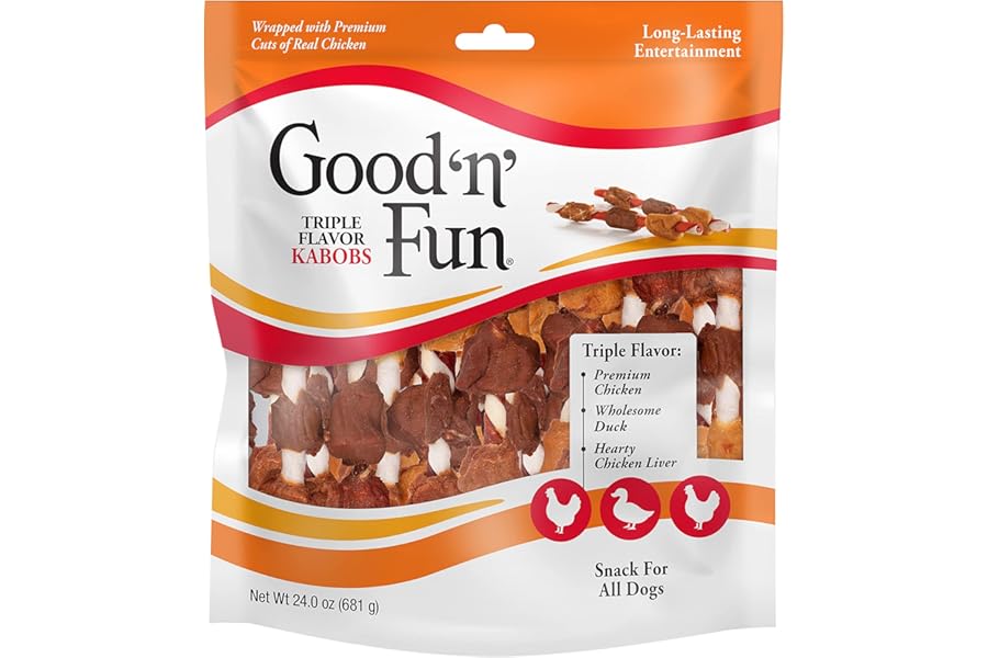 Good ‘n’ Fun Triple Flavor Kabobs Chews for All Dogs, 24 Ounces, Treat Your Dog to Long-Lasting Chews Made from Beef Hide, Real Chicken, Pork Hide, Duck and Chicken Liver