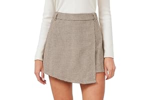 XinYangNi Women's Casual High Waisted Asymmetrical Hem A-line Plaid Faux Leather Dressy Wrap Skort Shorts