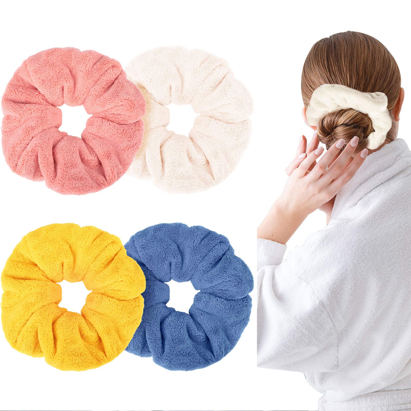 Photo 1 of 4 Pieces Large Towel Microfiber Drying Soft Scrunchies Thick Scrunchies Fuzzy Scrunchy Ponytail Holder for Hair Light Bobbles Ropes Wet and Dry Hair Accessories (Classic Colors)