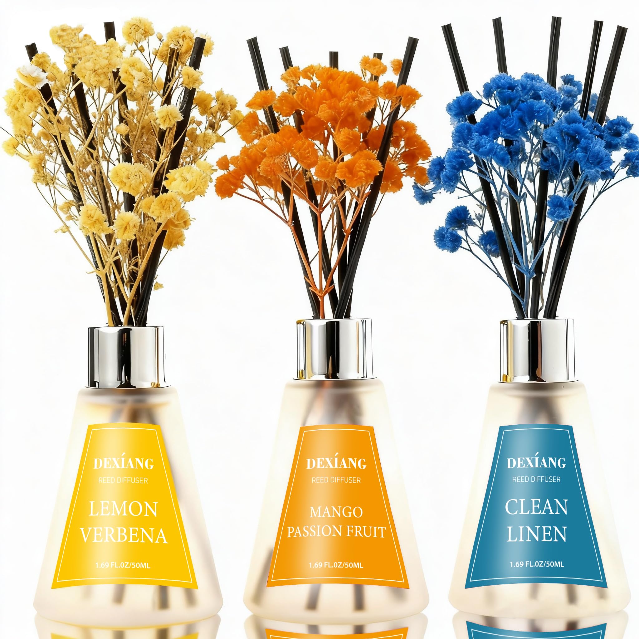 Reed Diffuser Set of 3 Pack, Lemon Verbena/Mango Passion Fruit/Clean Linen Oil Diffuser Reed Diffusers for for Home, Bathroom, Office Decor, 1.7 Fl.oz, Total 5.1Oz