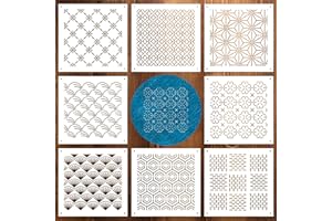 QUILAX 8Pcs Plastic Sashiko Stencil Kit, 4.7 x 4.7 Inch Geometric Sashiko Fabric Pattern Template Drawing Line Embroidery Pattern for Hand Quilting and Embroidery