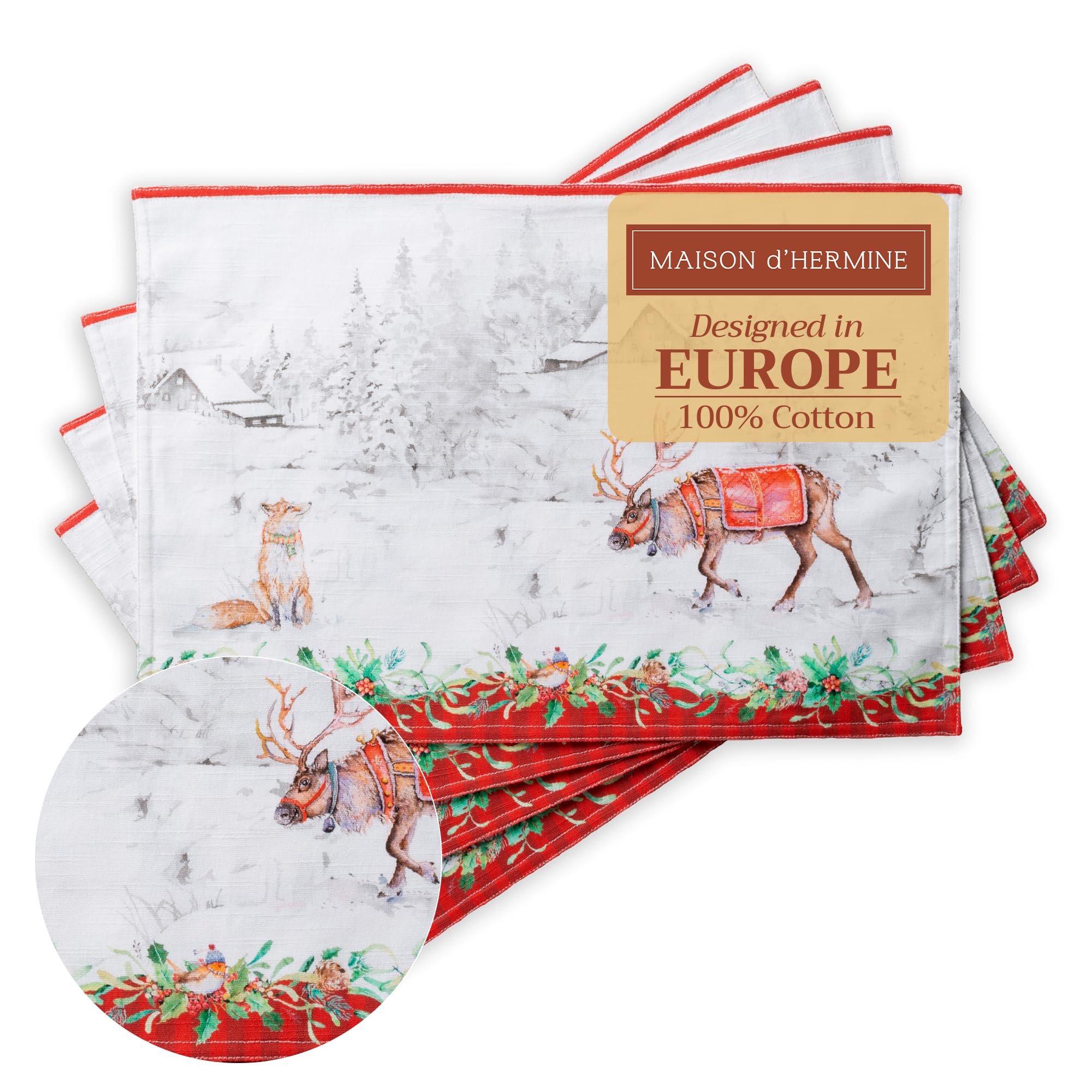 Maison d' Hermine Placemats Set of 4 100% Cotton Washable Cloth Place Mats, Reusable Table Mats for Christmas Decorations Kitchen Dining Party Wedding Restaurant (Christmas Tradition, 33 CM x 48 CM)